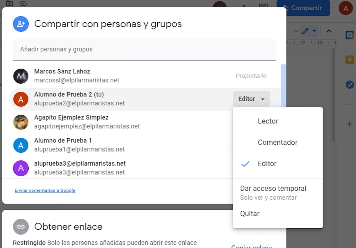 Vista del alumno. Puede cambiar la configuración de uso compartido