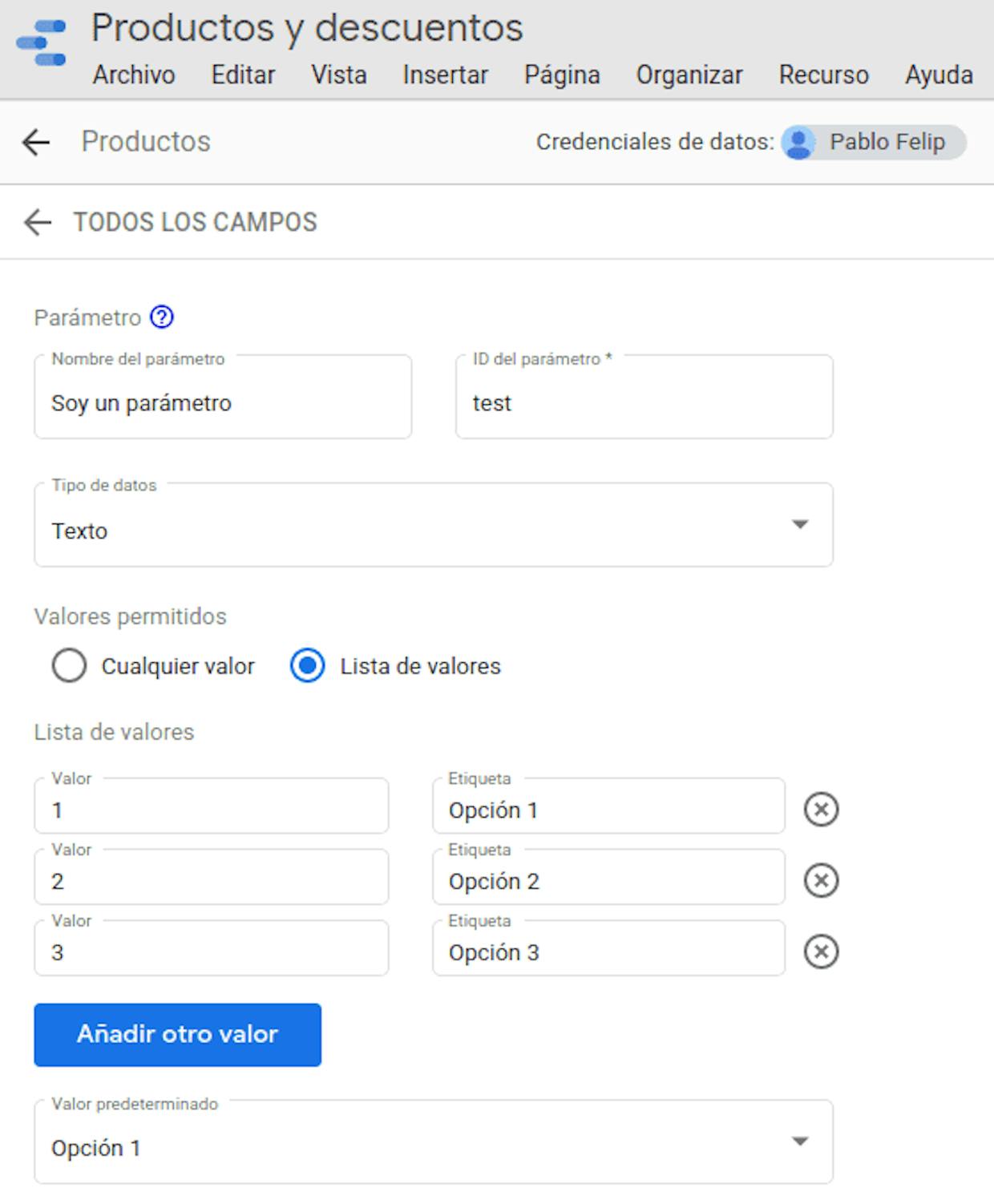 Definición de un parámetro en la fuente de datos