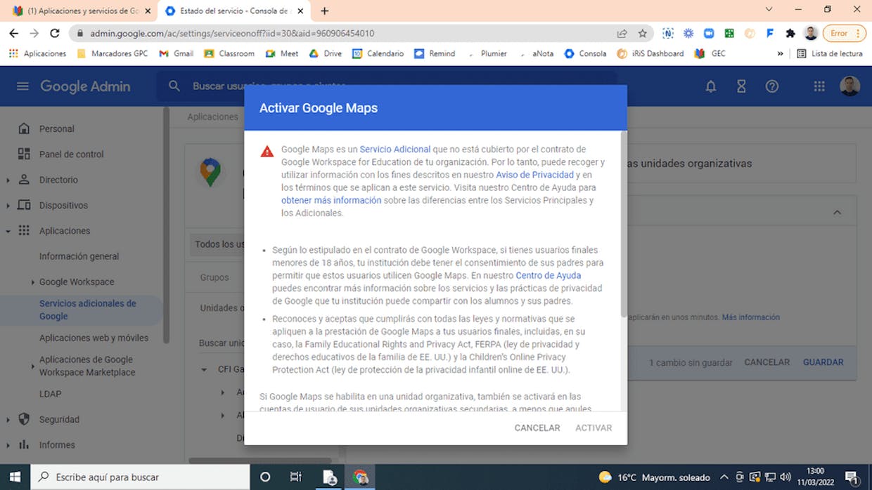 Aplicaciones y servicios de Google no activadas. Permiso a las familias.
