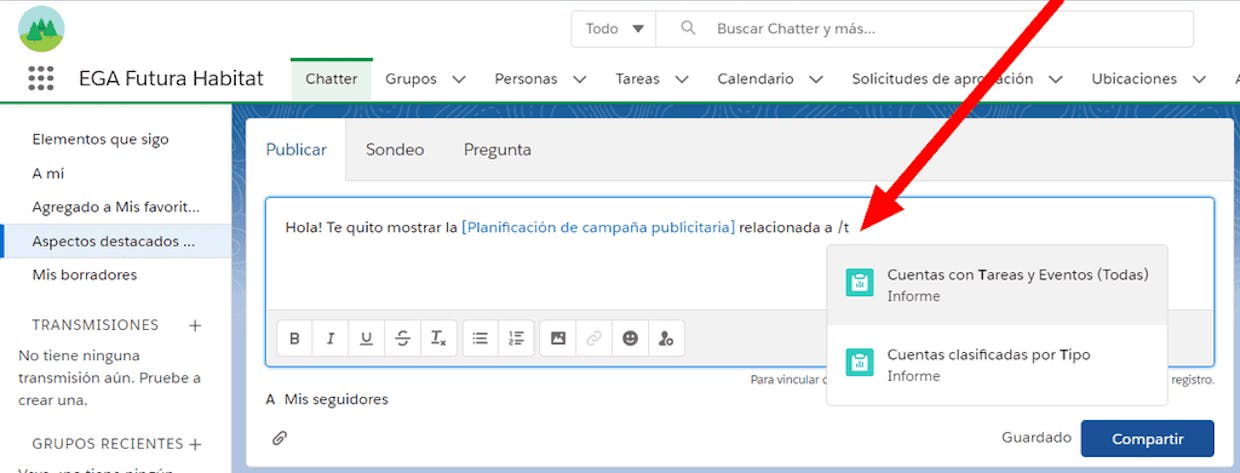 Es posible vincular un registro en un comentario de chatter mediante el botón colaborar dentro de un informe?