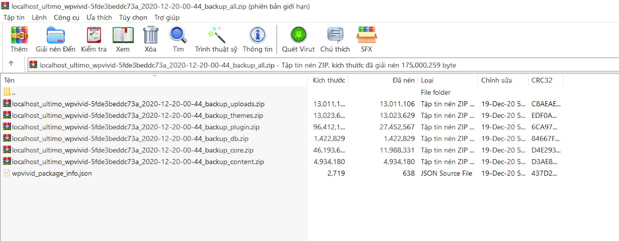 Bên trong file backup có nhiều file zip khác