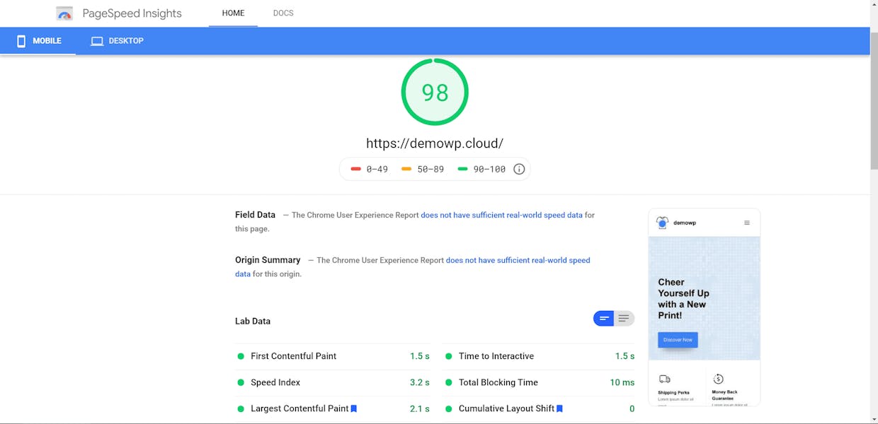 98 điểm Google pagespeed trên mobile