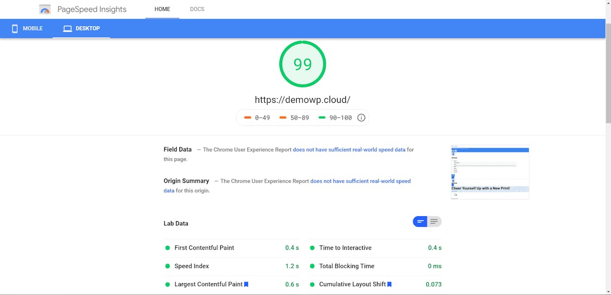 99 điểm Google pagespeed trên desktop