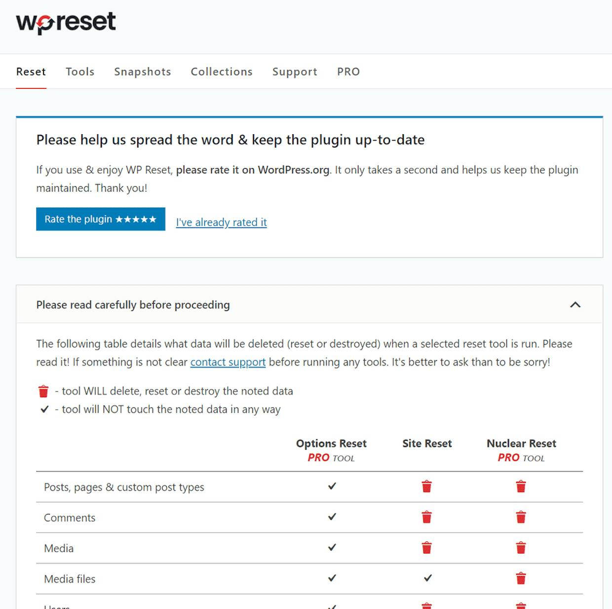 Giao diện ban của plugin WP reset