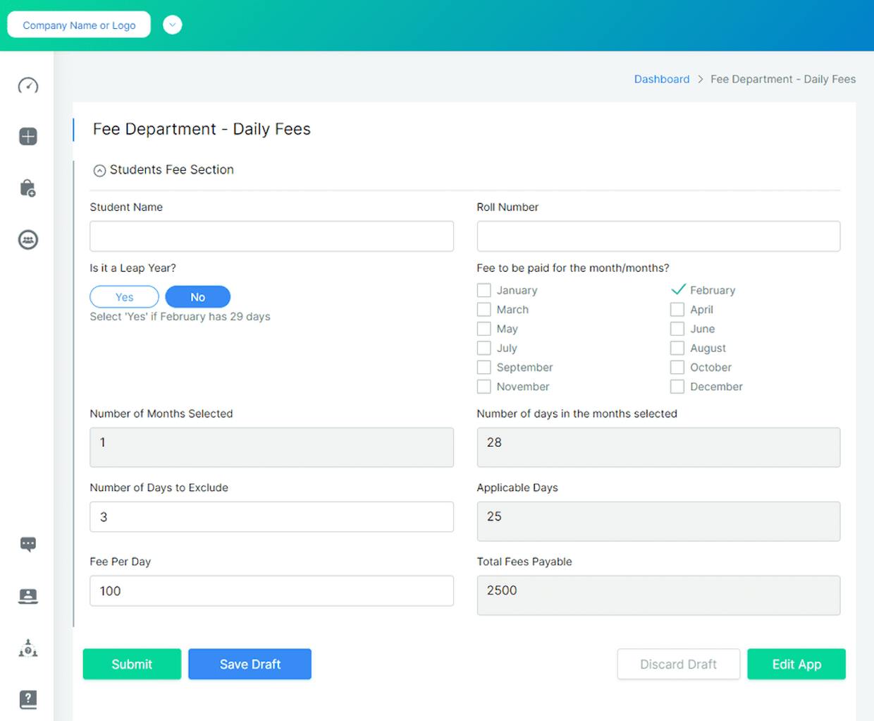 Student Fee App - Daily Fees and not a Leap year - Clappia