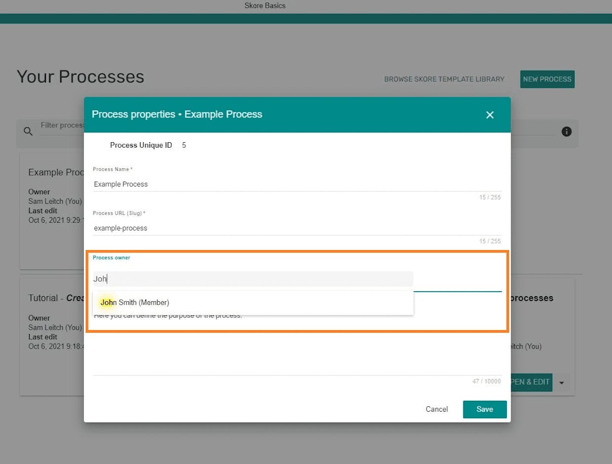 Search and select the new process owner 