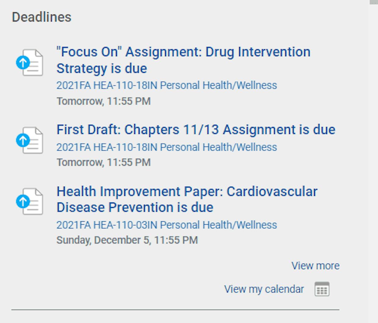 Snip of Deadlines feed with calendar link.