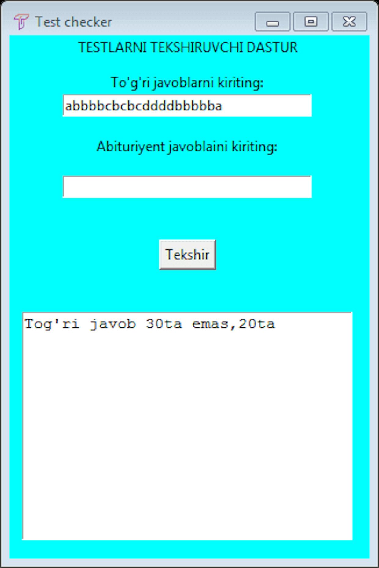 Agar javoblar 30ta bolmasa dastur tekshirmaydi.