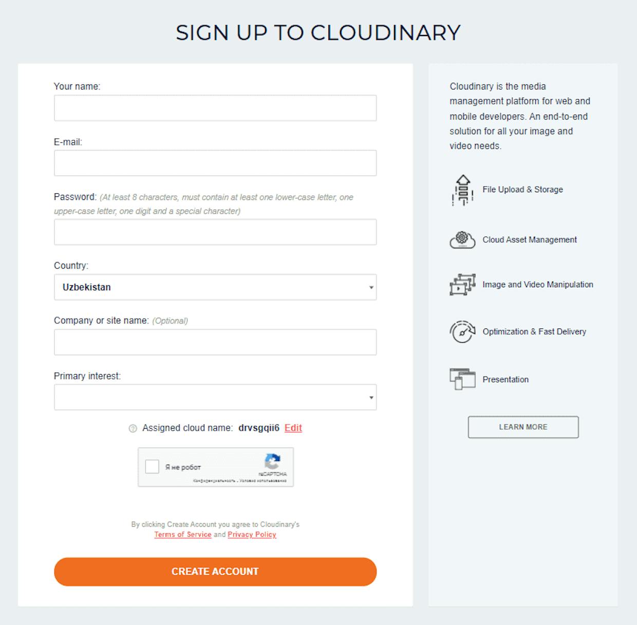 Sign up page