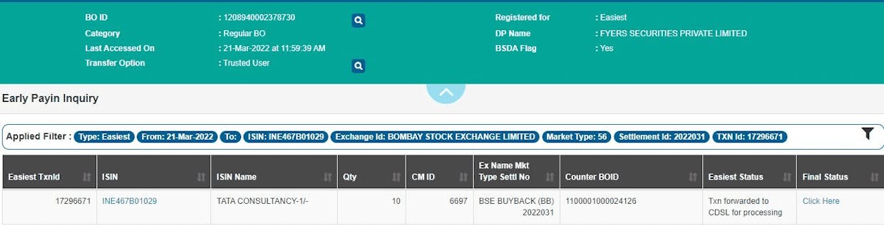 Thank you . TCS buyback is done. Now waiting for  confirmation from cdsl end.