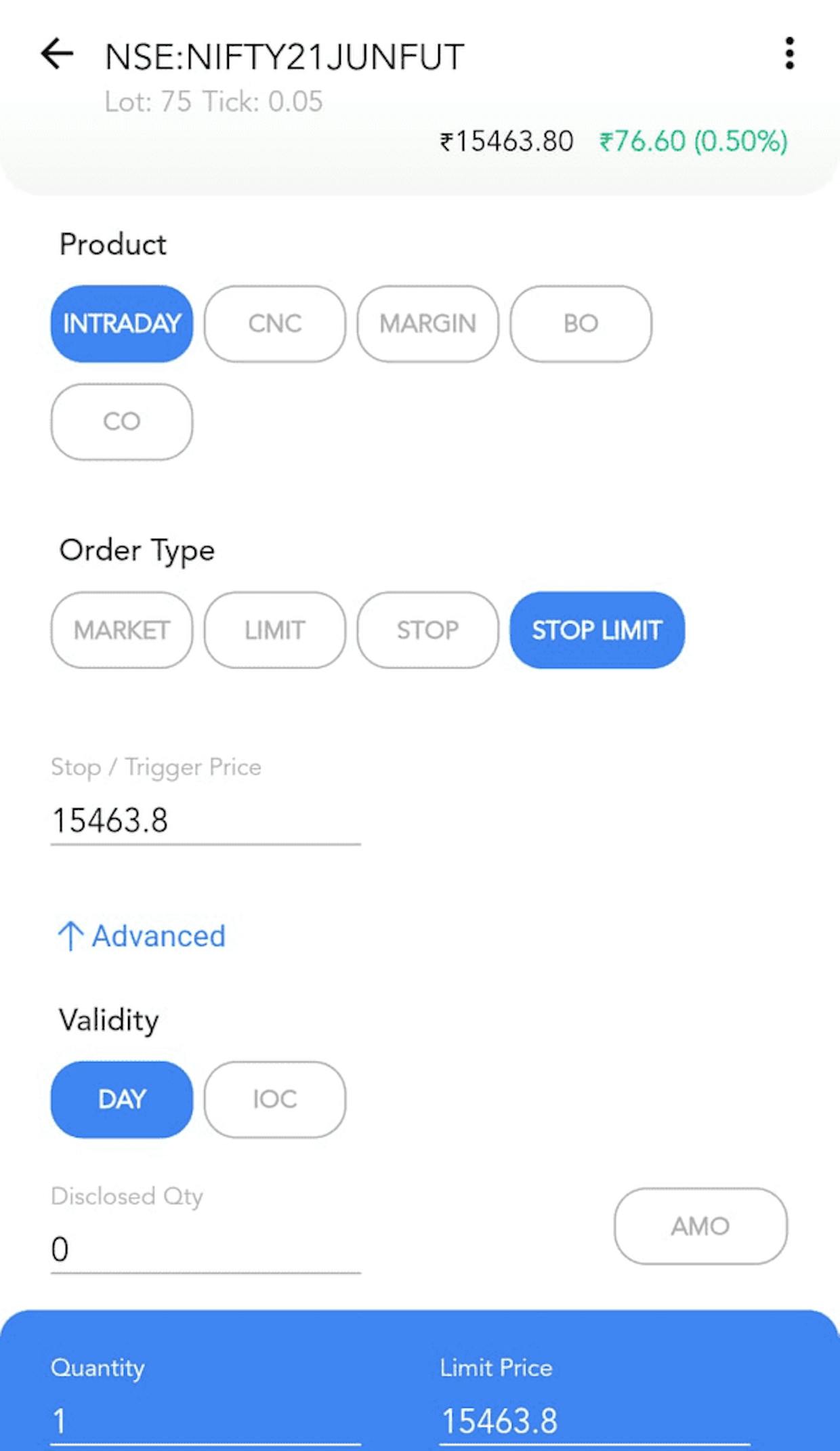 Please explain how to use stop order and stop-limit order for stop loss in Fyers android platform
