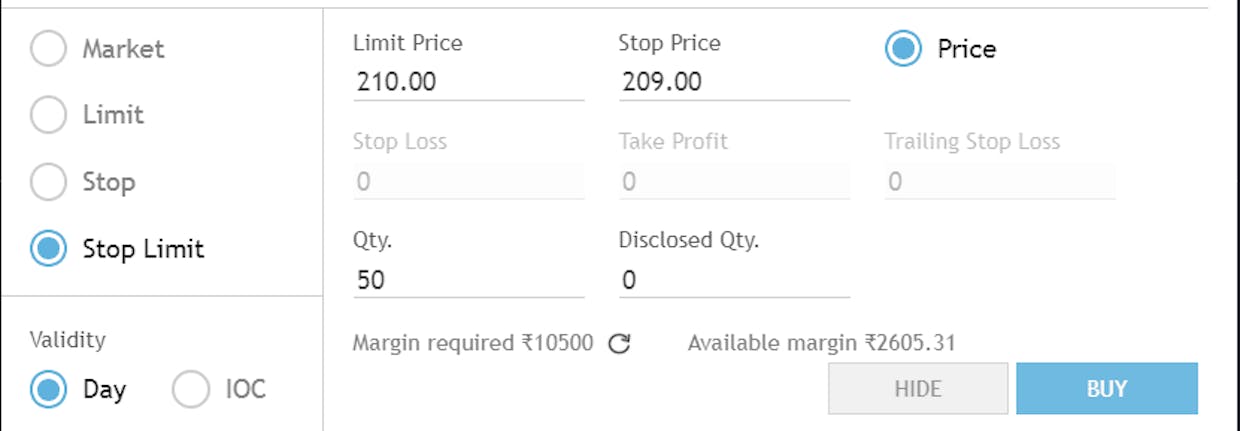For example, you have brought a Put option at an LTP of 170 rs and want to place a stop loss of 40 rs. Open the Sell panel > Select the order type as Stop limit > Limit price (209) and Stop price (210).