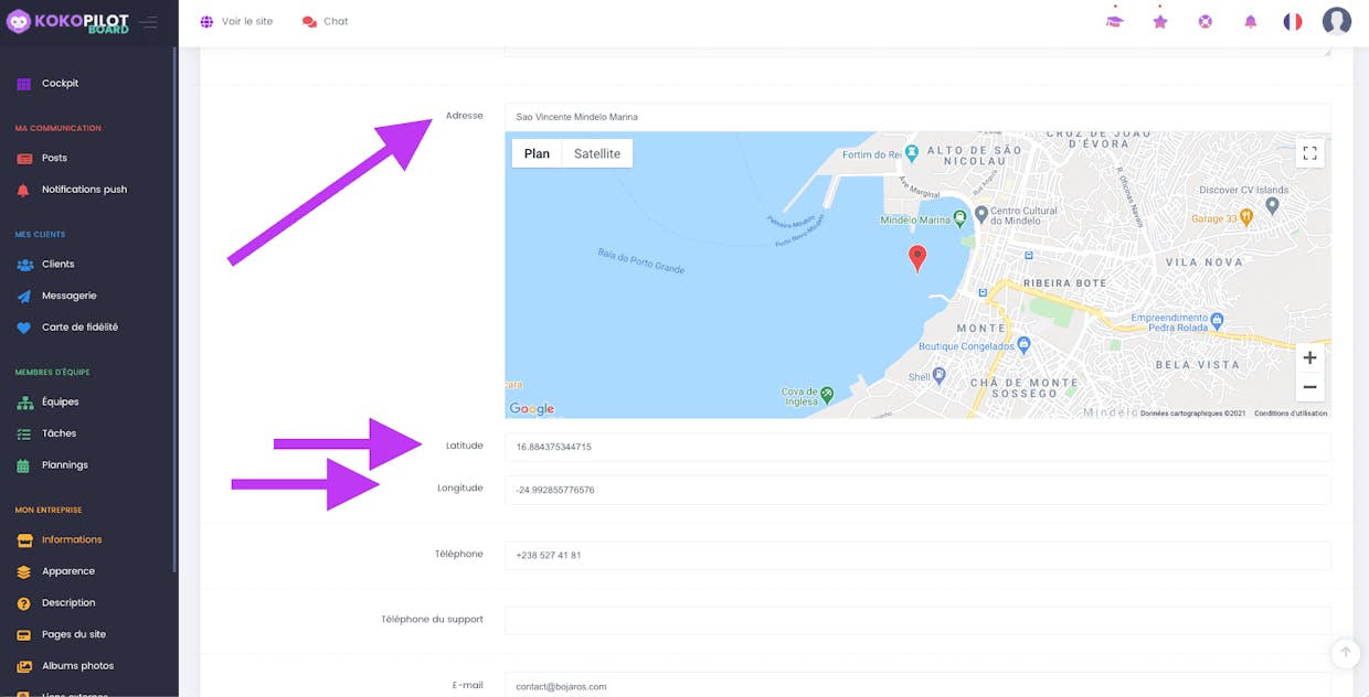 Zone adresse de la section informations