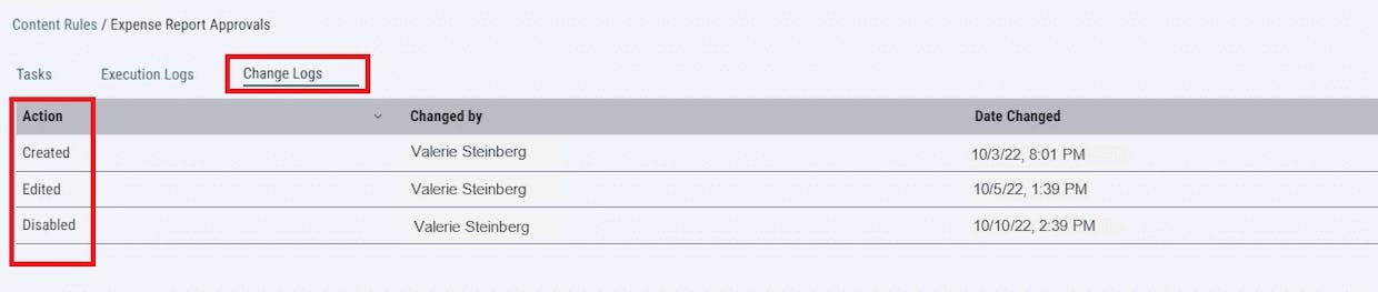 View change history details in Change Logs for a Content Rule.