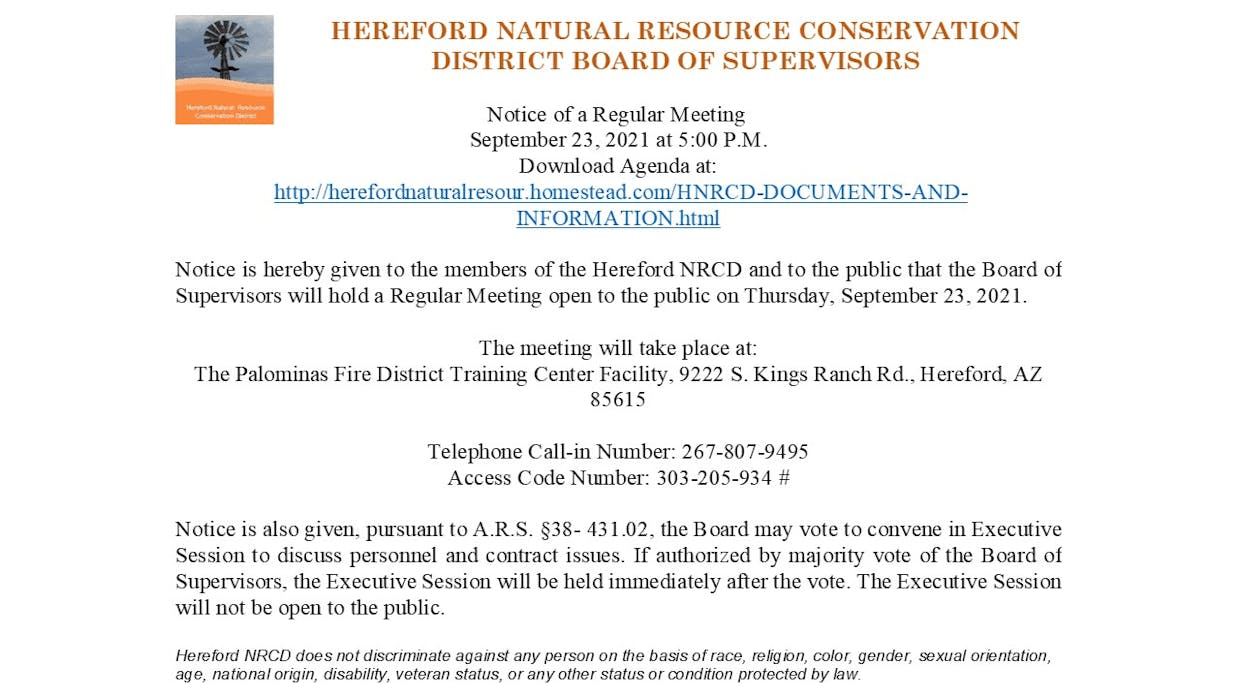 Hereford NRCD Public Notice of Board of Supervisor Meeting