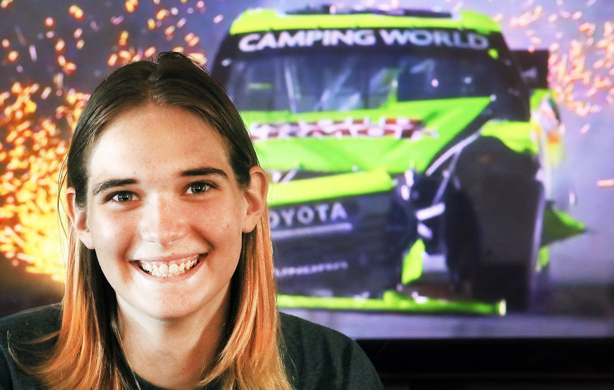 Seventeen-year-old Josephine Van Kirk sits in front of a television in her living room. She has been interested in racing most of her life and has been driving race vehicles for the past couple of years. Read the story: 