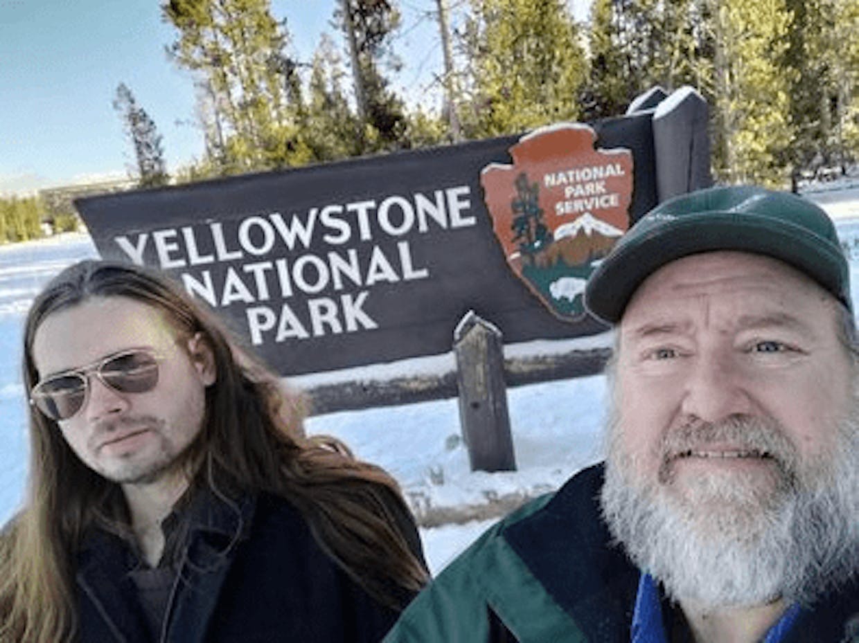 Just a check-in from a former Cochise County resident! My son Joseph visited and we stayed a night in West Yellowstone Montana - it's only 80 miles up the road from me. Though the road into Yellowstone Park was closed to vehicles, we hiked in and shared the road with a bunch of cross country ski-ers. And their VERY happy dogs running alongside. I like visiting stuff in the off season - it was practically deserted, even though 3.8 million people visit the park every year. OK quiz time - which is me and which is my son? Hint: although he towers over me at 6 foot 6, I'm still heavier!