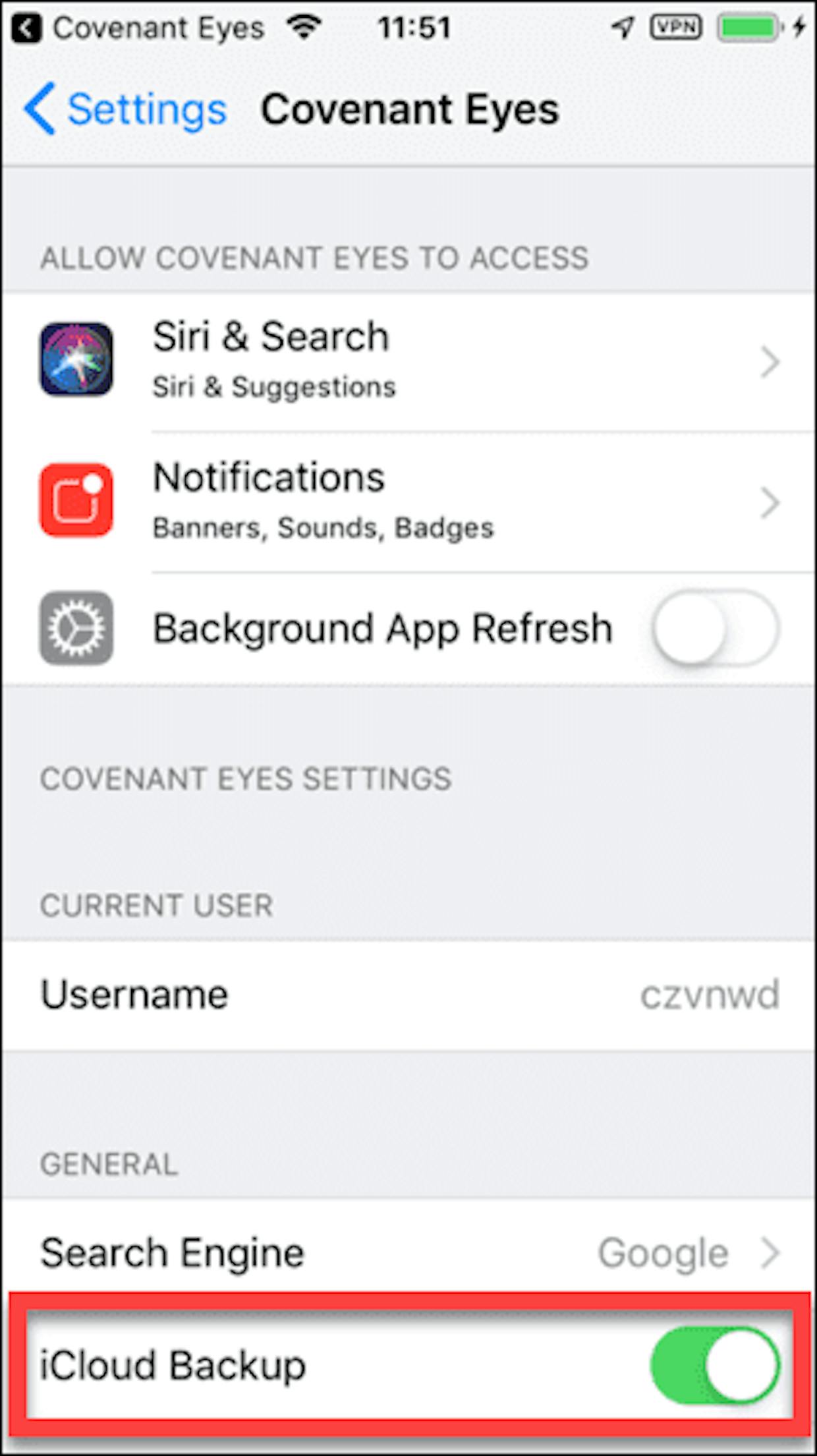 Settings app > Covenant Eyes > iCloud Backup