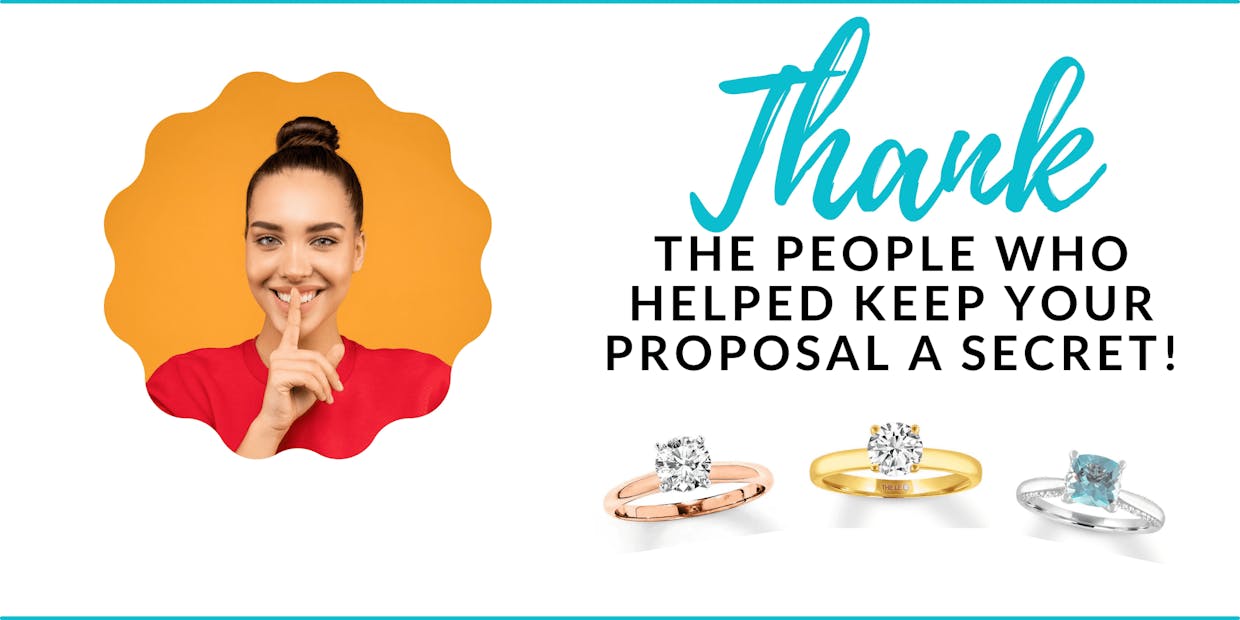 A lady smiles with her finger over her mouth. Three solitaire rings are displayed: A rose gold and yellow gold, both with clear diamonds. And a white gold with an aquamarine stone.