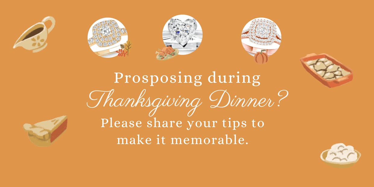  A yellow gold double halo diamond ring, white gold heat heart-shaped solitaire diamond ring and rose gold double halo diamond ring are featured as well as a full gravy bowl, a slice of pumpkin pie, a bowl of mashed potatoes, a casserole, a pumpkin, turkey and leaves.