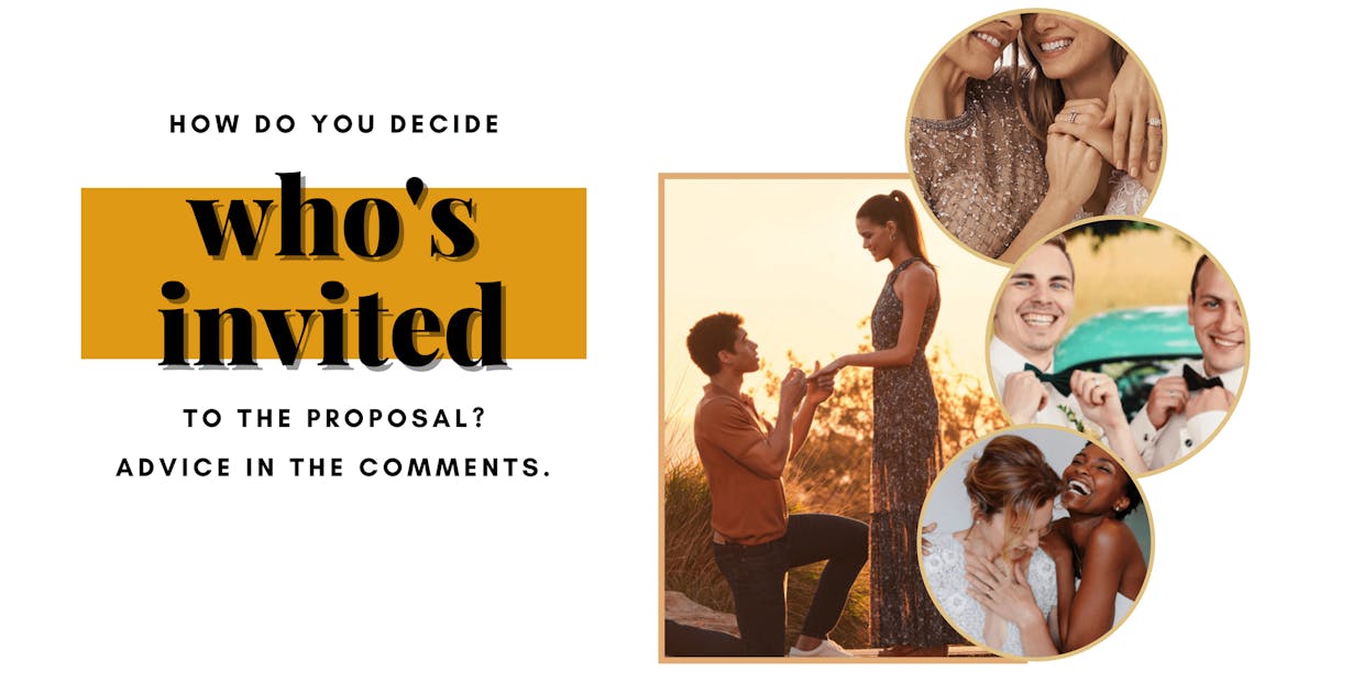 A man is on bended knee while proposing to his girlfriend who is standing in front of him. Images of a smiling mother and daughter, two of his friends and two of her friends laughing surround them.