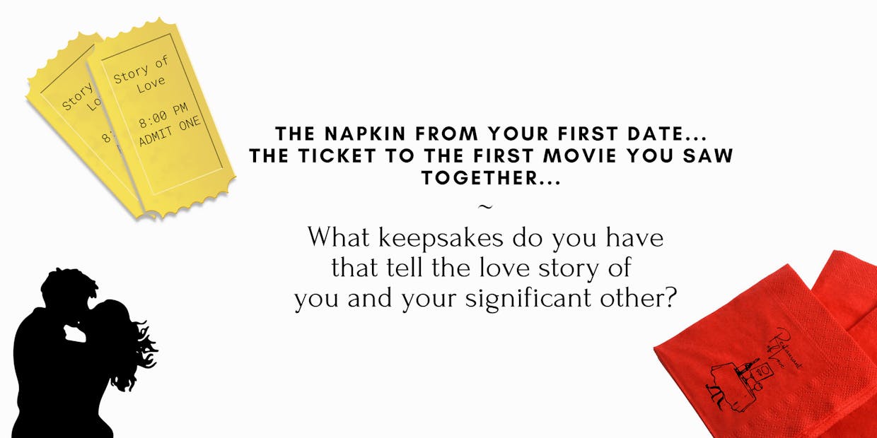 The two movie tickets read "Story of Love" at 8 pm and the restaurant napkins reads "Restaurant of Love". In the corner, a couple kisses in an embrace.