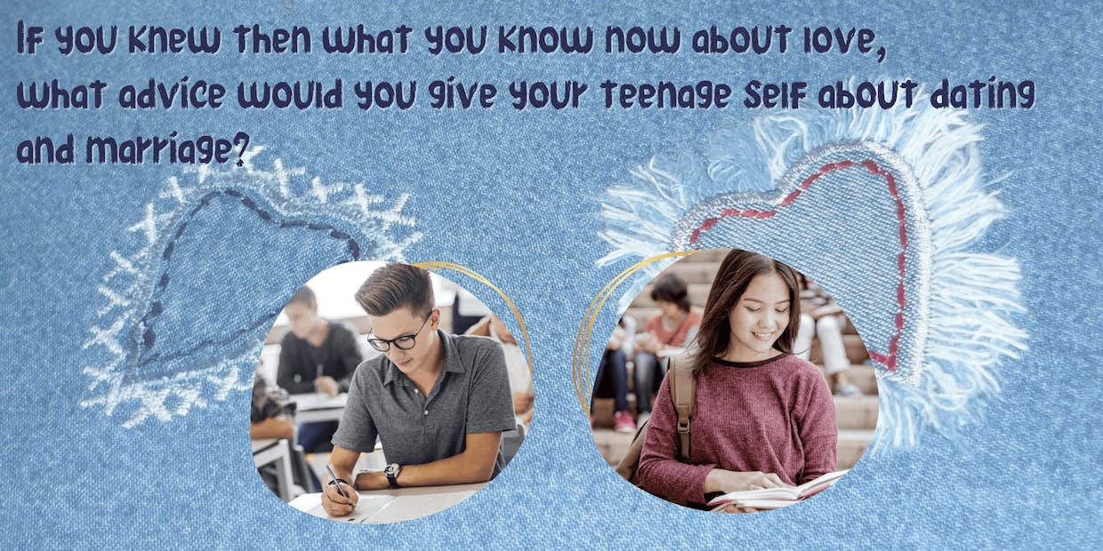 A teenage boy at his desk and teenage girl reading a book with a blue jean background with two hearts stitched on.