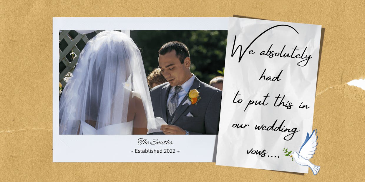 A photograph captures the moment when a groom looks down at his wedding vows as he reads them to his bride during their wedding ceremony. A crinkled paper with "We absolutely had to put this in our wedding vows" sits to the right with a dove flying in the lower right corner.