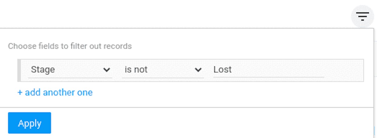 Is there a way to sort (or exclude) deals' stages?
For example, is it possible to exclude records tagged with stages like "LOST" or "COMPLETED"