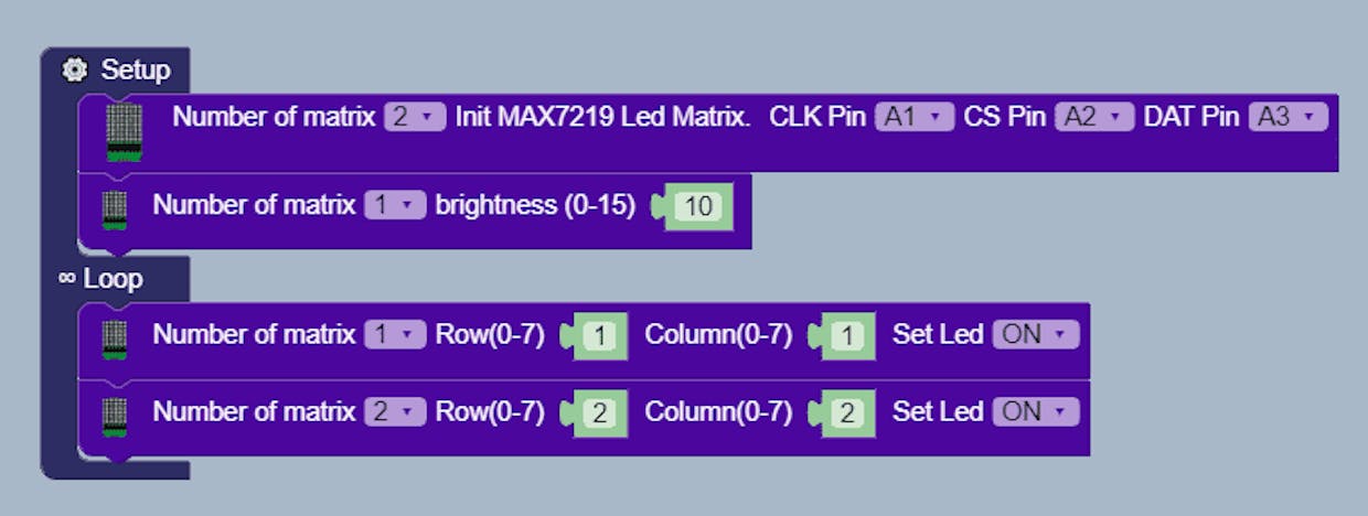 Hi, we're trying around a bit with the 8x8 LED matrix. We manage to program mouth functionality with Blockly. Next step now is to cascade two 8x8 matrices in order to give eyes to Otto. Can anyone give us a hint for wiring (on the board) and how to program the cascade? In our current setup (second matrix just connected through), both displays just show the same picture (mouth). We don't manage to display different images or use the "eyes" blocks available in Blockly.
