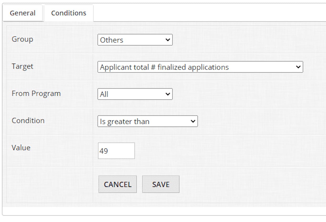 total # of applications from x program compared to a number value
