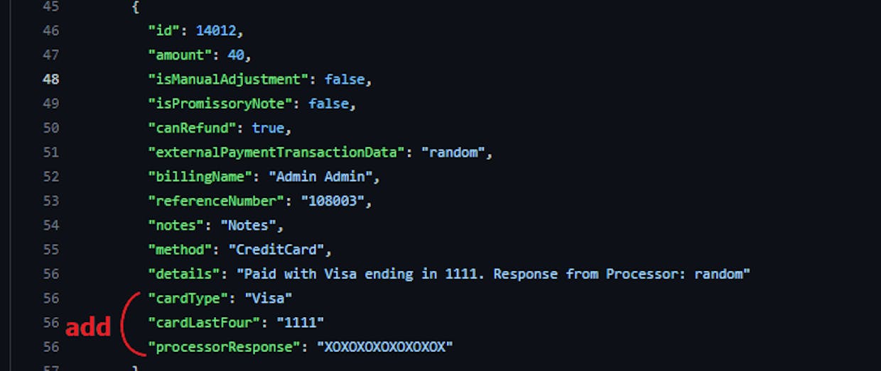 "details" is preserved (might be useful for some clients), three new keys would contain card type, last four digits of card #, and processor response individually.