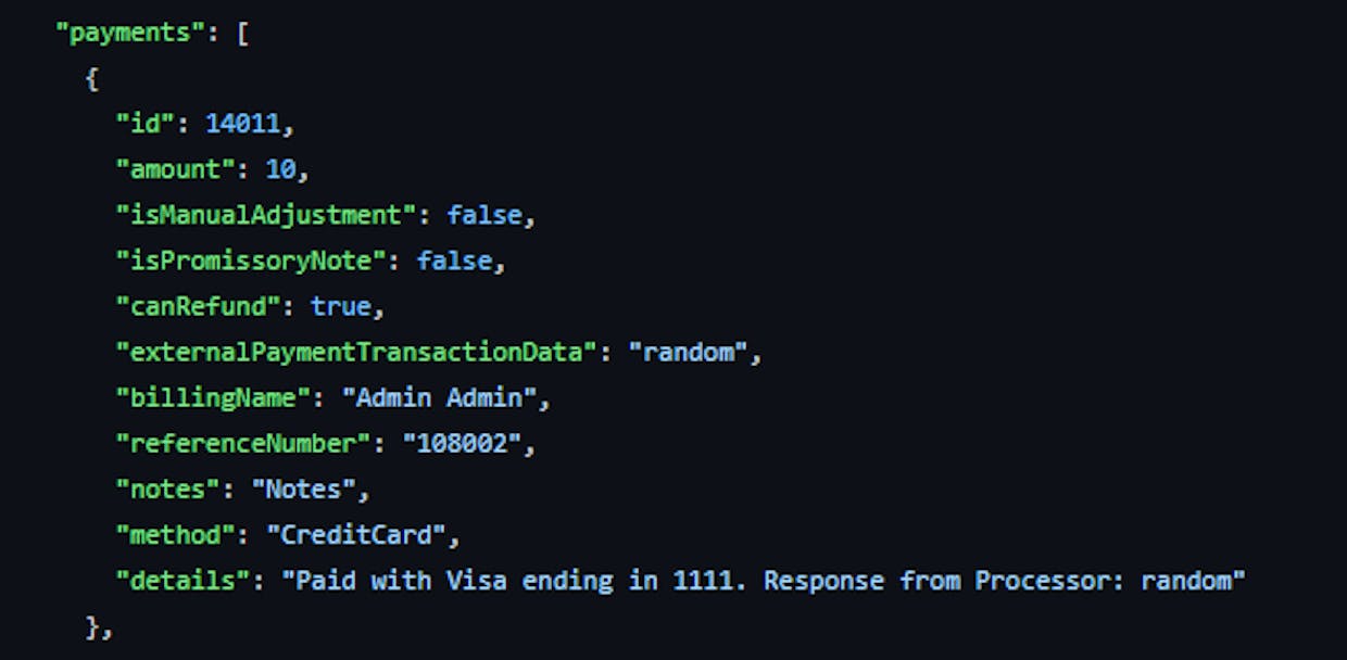 "details" contains card type, last four digits of card #, and processor response in a string