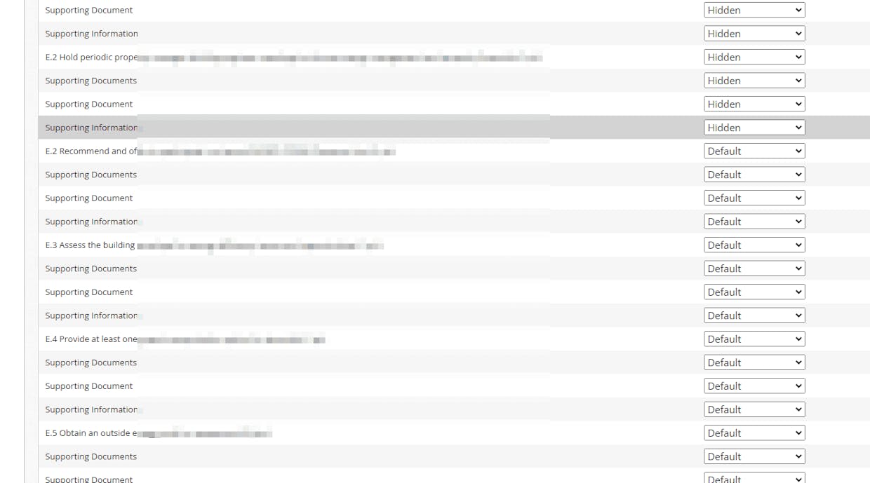 Category group settings view of a large submission form with multiple category groups and subfields with identical naming. Styling doesn't change to visually indicate what will be visible/hidden on the form, which could be another useful improvement.