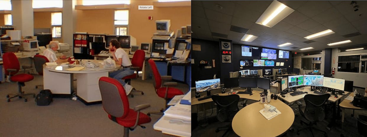 NWS Tucson operations area in 1997, left, and in 2022. (CREDIT: NWS Tucson Archives)