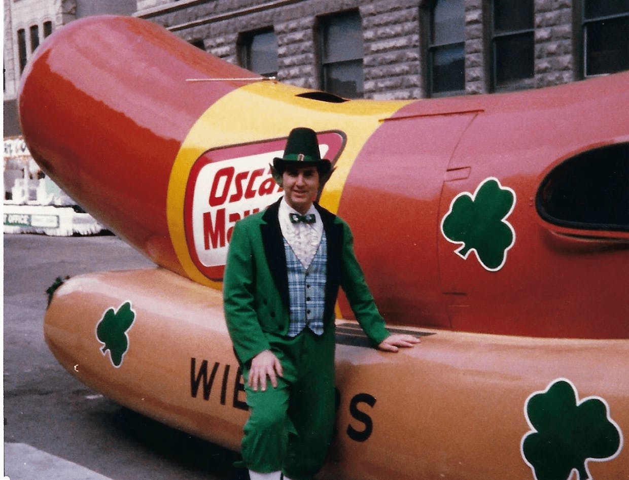 Bob Ethen with the Wienermobile at the 1985 Chicago St. Patrick's Day Parade. (Bob Ethen photo)