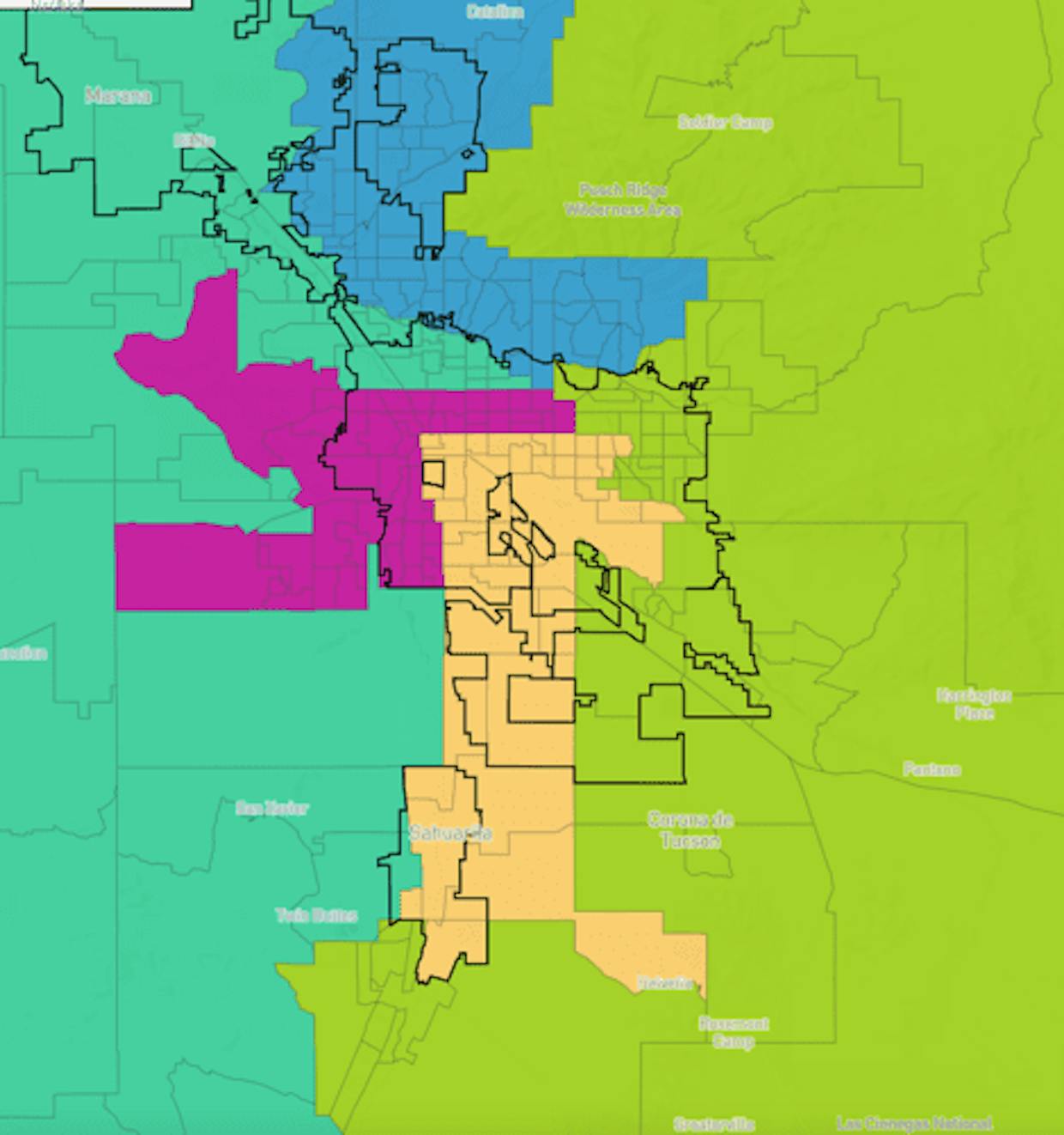 The Pima County Redistricting Committee's recommended map with jurisdictional boundaries outlined (in black). The map shows the new proposed boundaries for supervisorial districts 1 (blue), 2 (yellow), 3 (aqua), 4 (green) and 5 (pink). (Pima County)