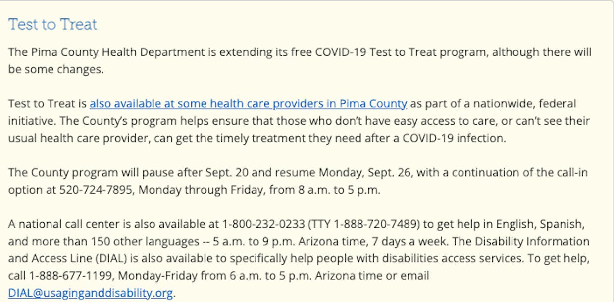 Screenshot from the Pima County Health Department website
