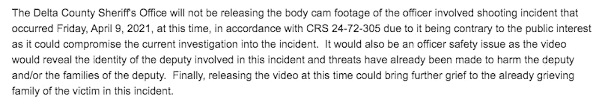 A screenshot of an email sent to the Daily Press in response to a request for body cam footage.