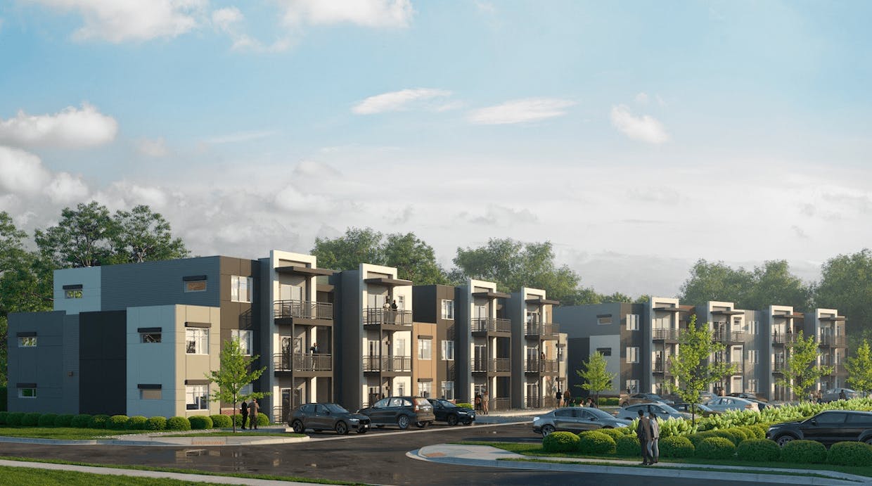 A rendering of the exterior the Basecamp Apartments project. (Courtesy/Range Development) 