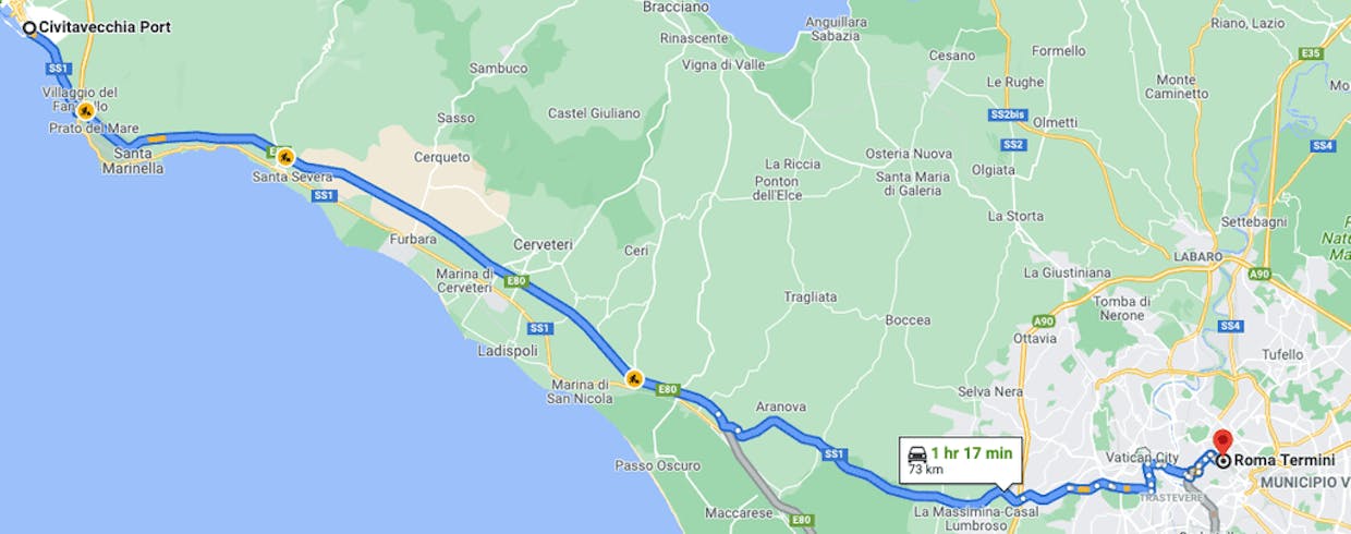 Driving from Civitavecchia Port to Rome Termini - cost for 4 people is likely $150 - $200 approx.