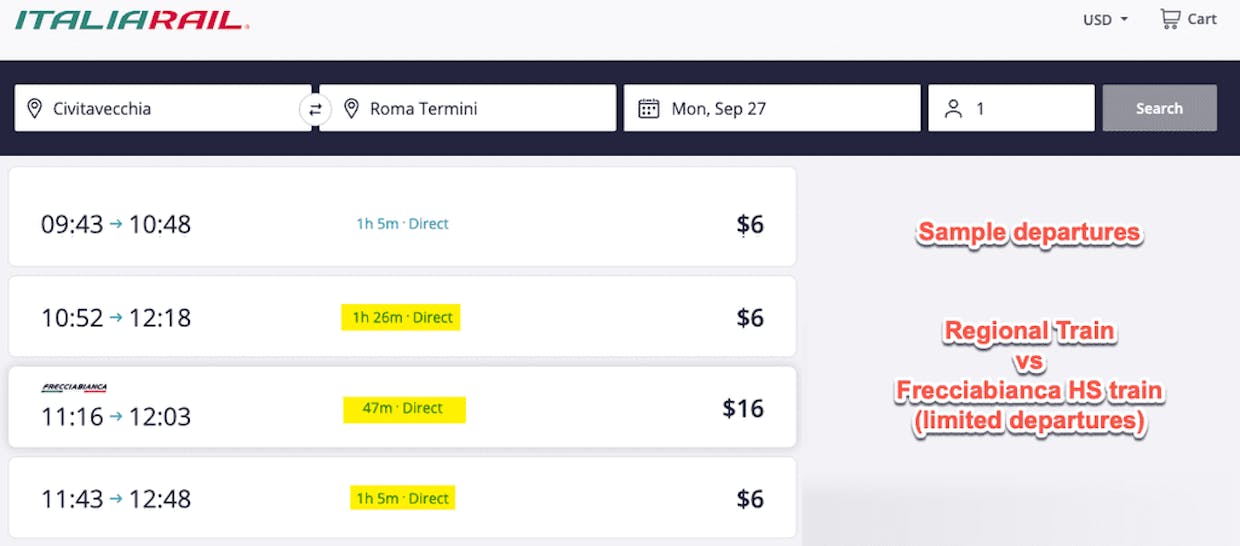 Sample train options/times/price - there are many more departures but this gives you an idea