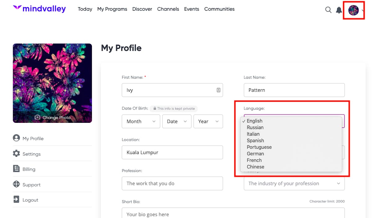 How to change the language of my account?