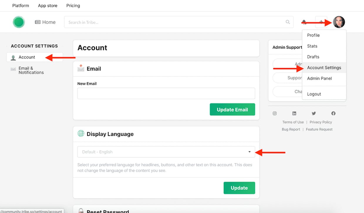 Account Settings> Account> Display Language> Update