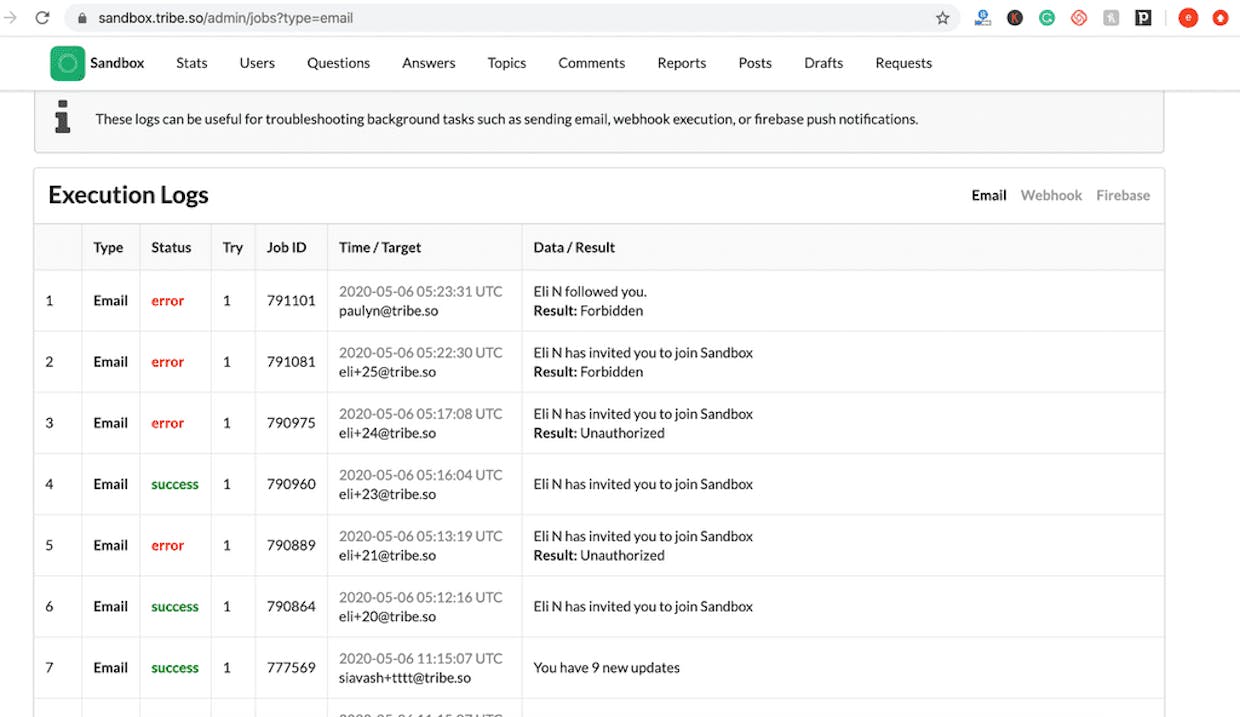 Email Activity Log in Tribe Admin Panel