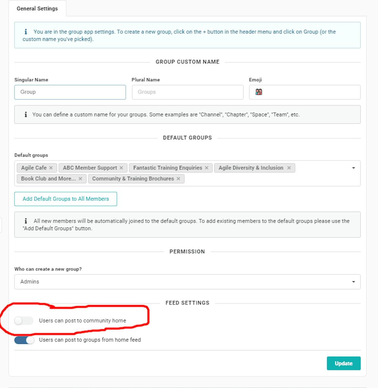 We have the option turned on to stop people from posting to the Main Feed (Brilliant!) and when they try they see this message. Would it be possible to make this a customised message (Maybe by putting it as an updatable field in the Group App?) We would like it to say something like "Please select the Group to post to. Don't forget you can join a group if you want to post to it" or something like that but we understand others may want a different message as well.