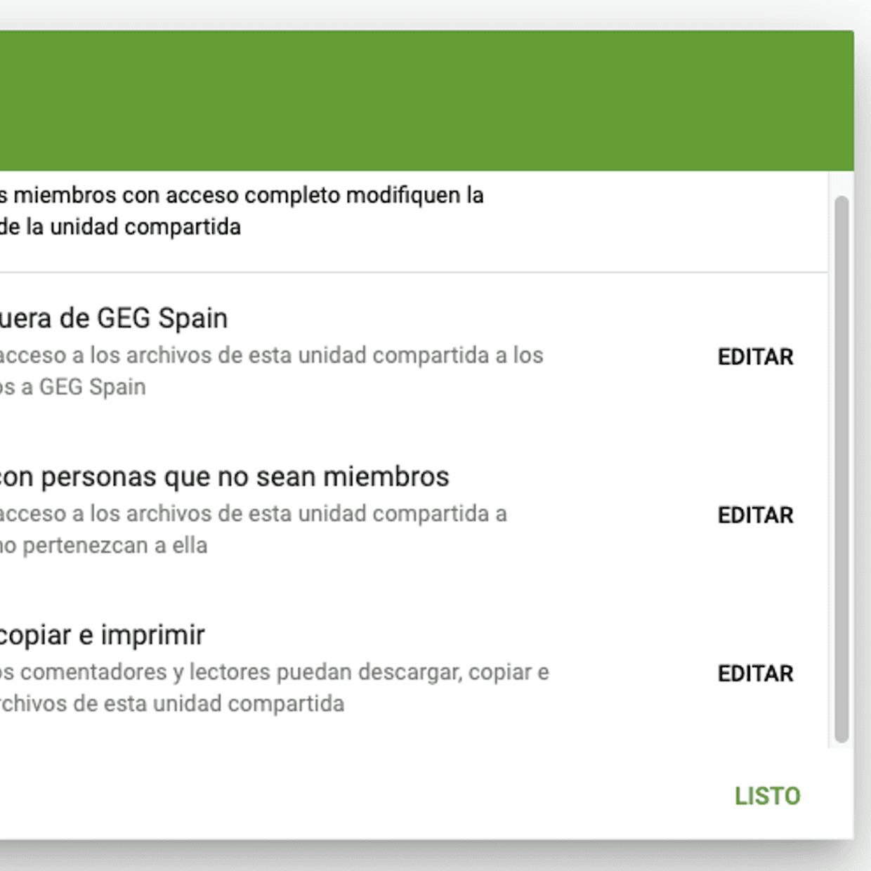 Detalle de las opciones para cada unidad compartida.