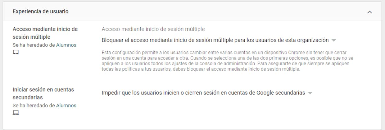 Si utilizas Chromebook asegúrate de tener esta configuración para evitar que en la misma sesión puedan estar utilizando dos cuentas.