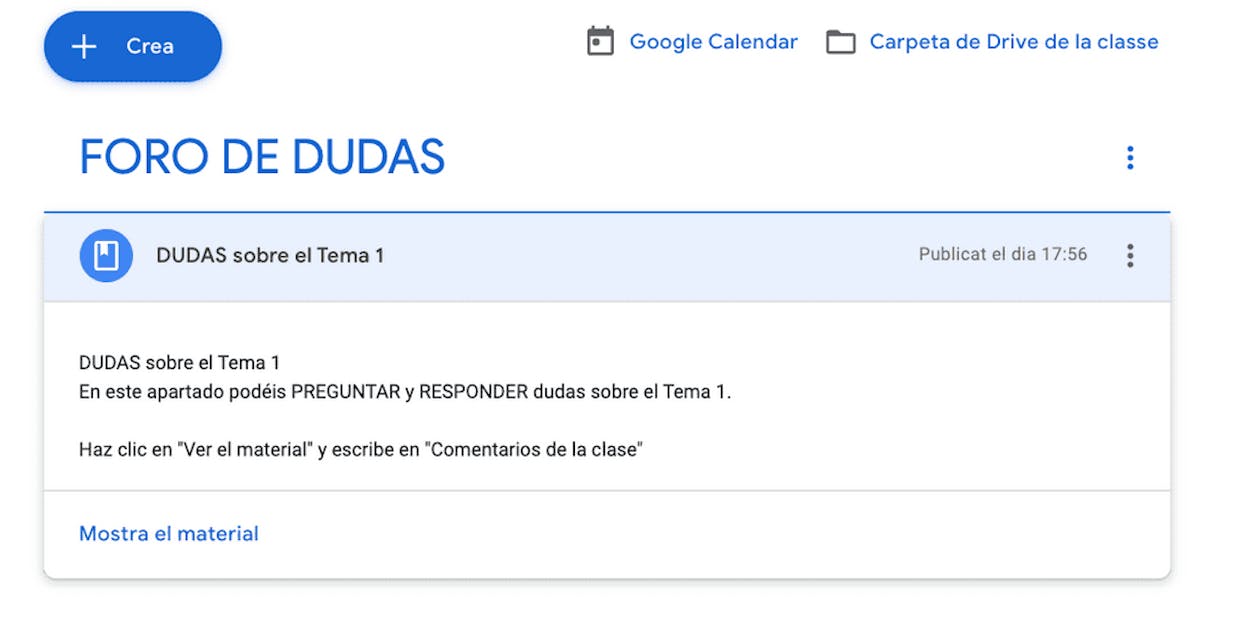 ¿Cómo resolver dudas con Google Classoom? Buenas tardes, he estado pensando sobre como hacerlo, pero no se me ocurre nada. Por favor, ¿Me podrían ayuda? Creo que en la situación en la que nos encontramos es importante satisfacer la falta de comunicación a través de las herramientas de Google. Así, me gustaría tener un espacio ordenado en Classroom donde los alumnos puedan preguntar y yo (docente) poder responderles y que los compañeros puedan ver la respuesta o responder a otros compañeros, es decir, crear como una especie de centro de ayuda / foro personalizado en Classroom. Creo que Gmail o Google Meet no resuelve este problema. Asimismo, crear una pregunta en Classroom tampoco ya que una vez que el alumno pregunta y "entrega la tarea"no puede seguir preguntando. Espero haberme explicado. Muchas gracias de antemano. Un saludo.