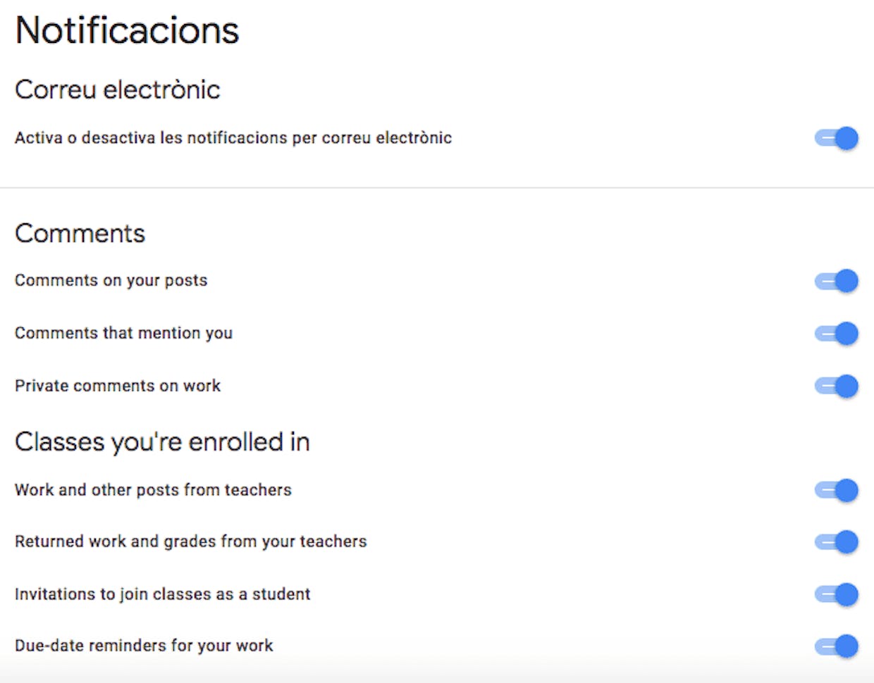 Algunos alumnos no reciben correos con notificaciones de classroom pese a tenerlas activadas.